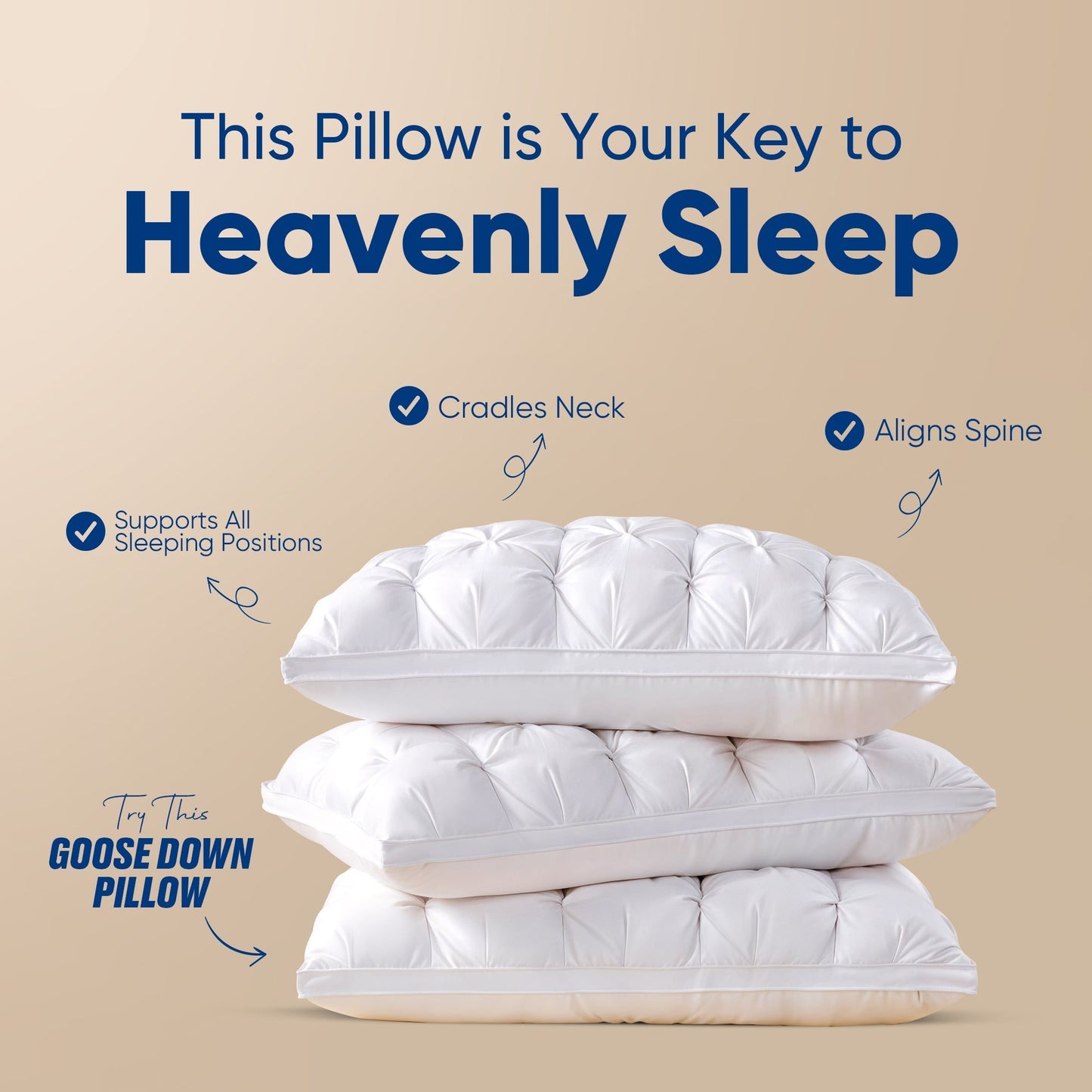 Goose Down Pillow with Rousset Silk Cover - Three-Compartment Design for All Sleep Positions
