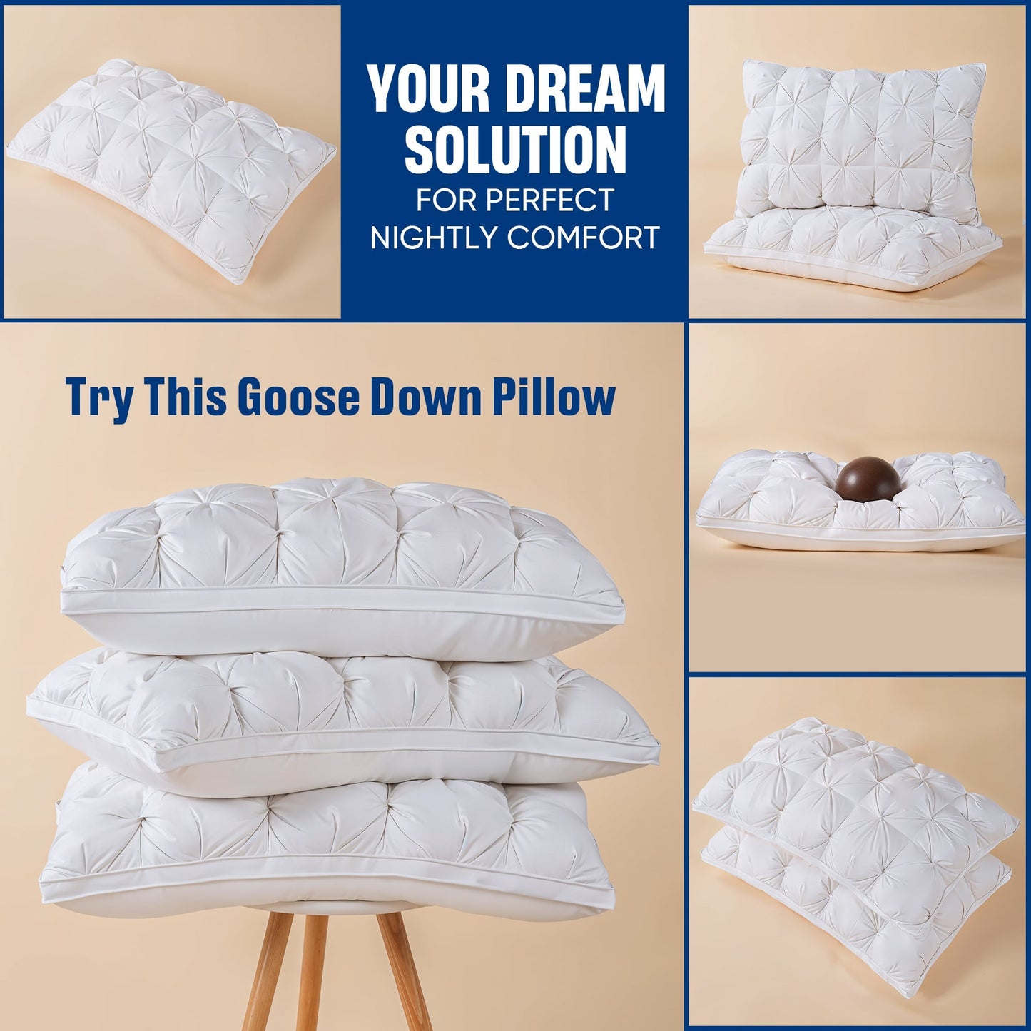 Goose Down Pillow with Rousset Silk Cover - Three-Compartment Design for All Sleep Positions