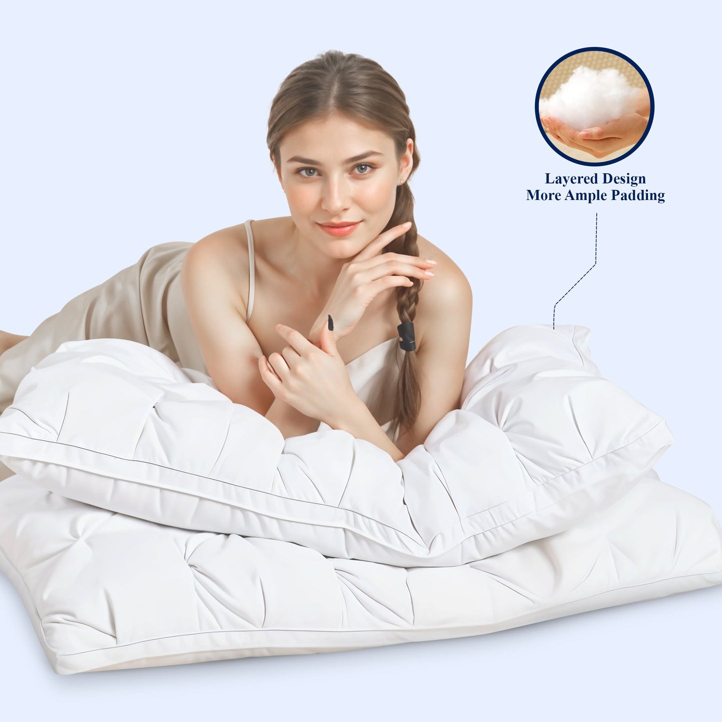 Goose Down Pillow with Rousset Silk Cover - Three-Compartment Design for All Sleep Positions