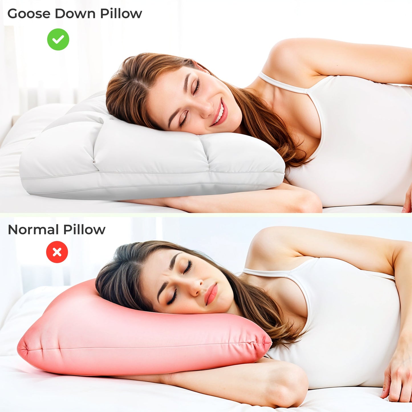 Goose Down Pillow with Rousset Silk Cover - Three-Compartment Design for All Sleep Positions