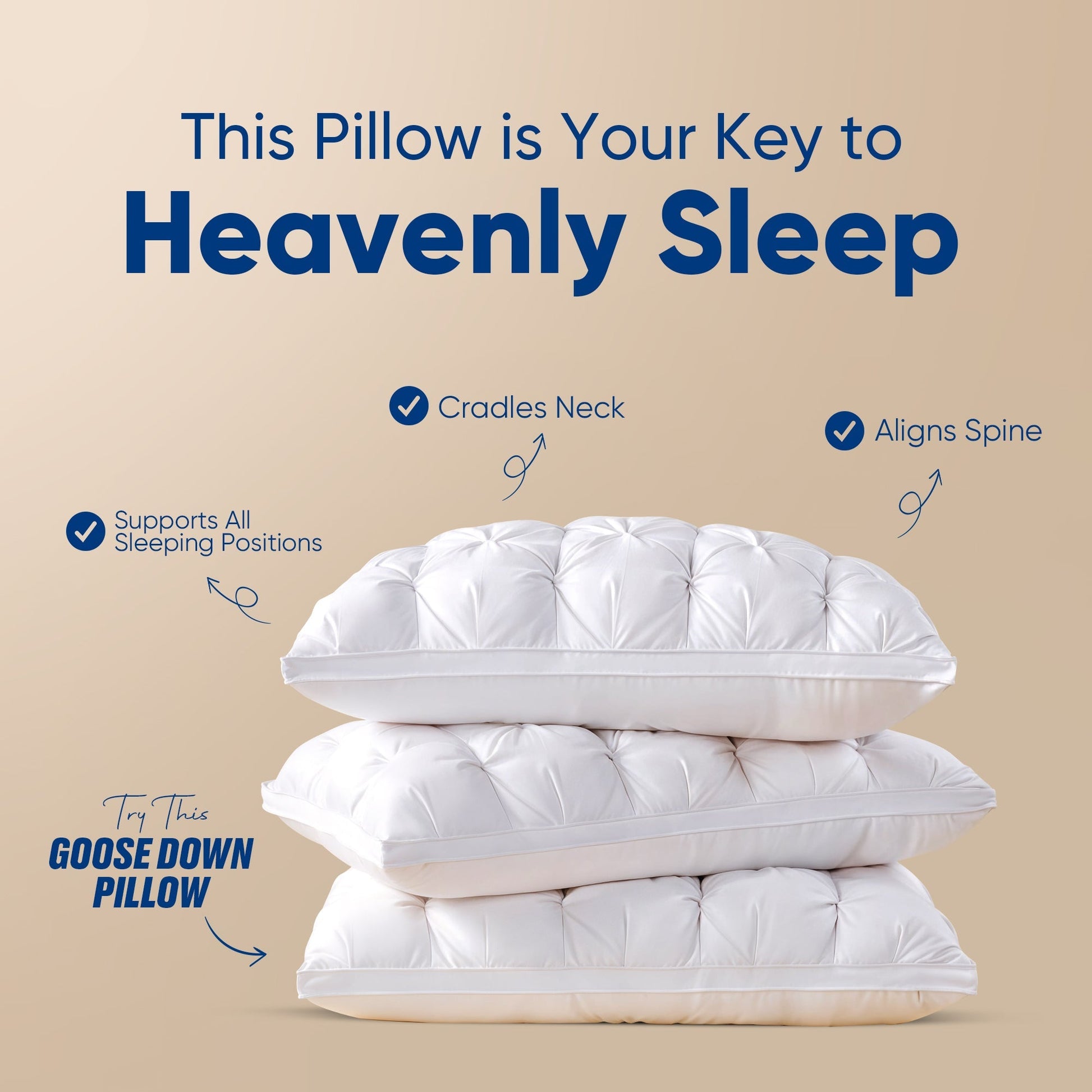 Goose Down Pillow with Rousset Silk Cover - Three-Compartment Design for All Sleep Positions